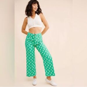 Maeve Collette Linen Wide Leg Pants | Size 29 | Green and White Seahorse